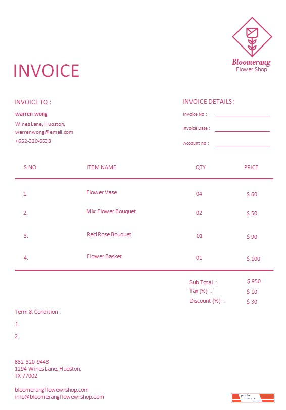 Free Florist Invoice Template PSD template